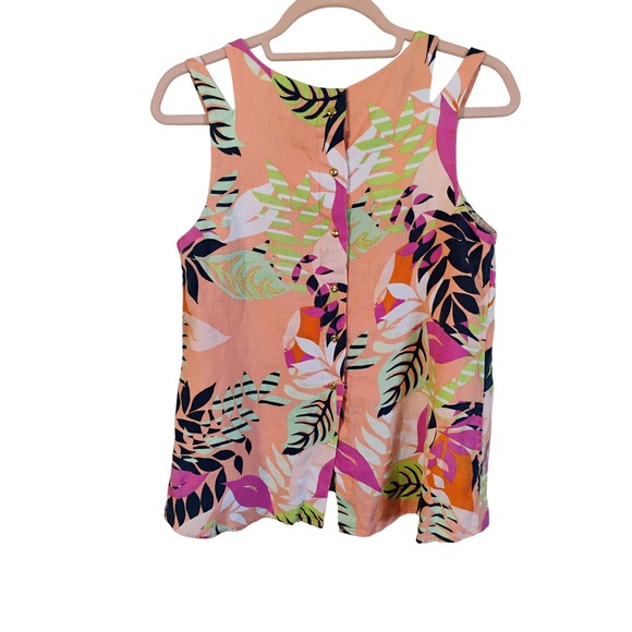 Kaari Blue Top S Small Peach Pink Tropical Leaf Print Linen Blend Cutout Tank - Picture 2 of 5